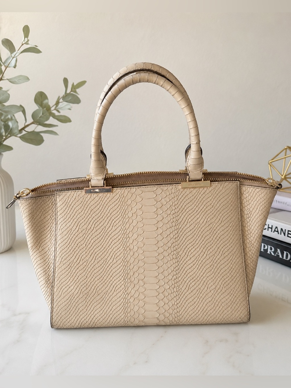 Henri Bendel Embossed Leather Satchel - Beige/Nude